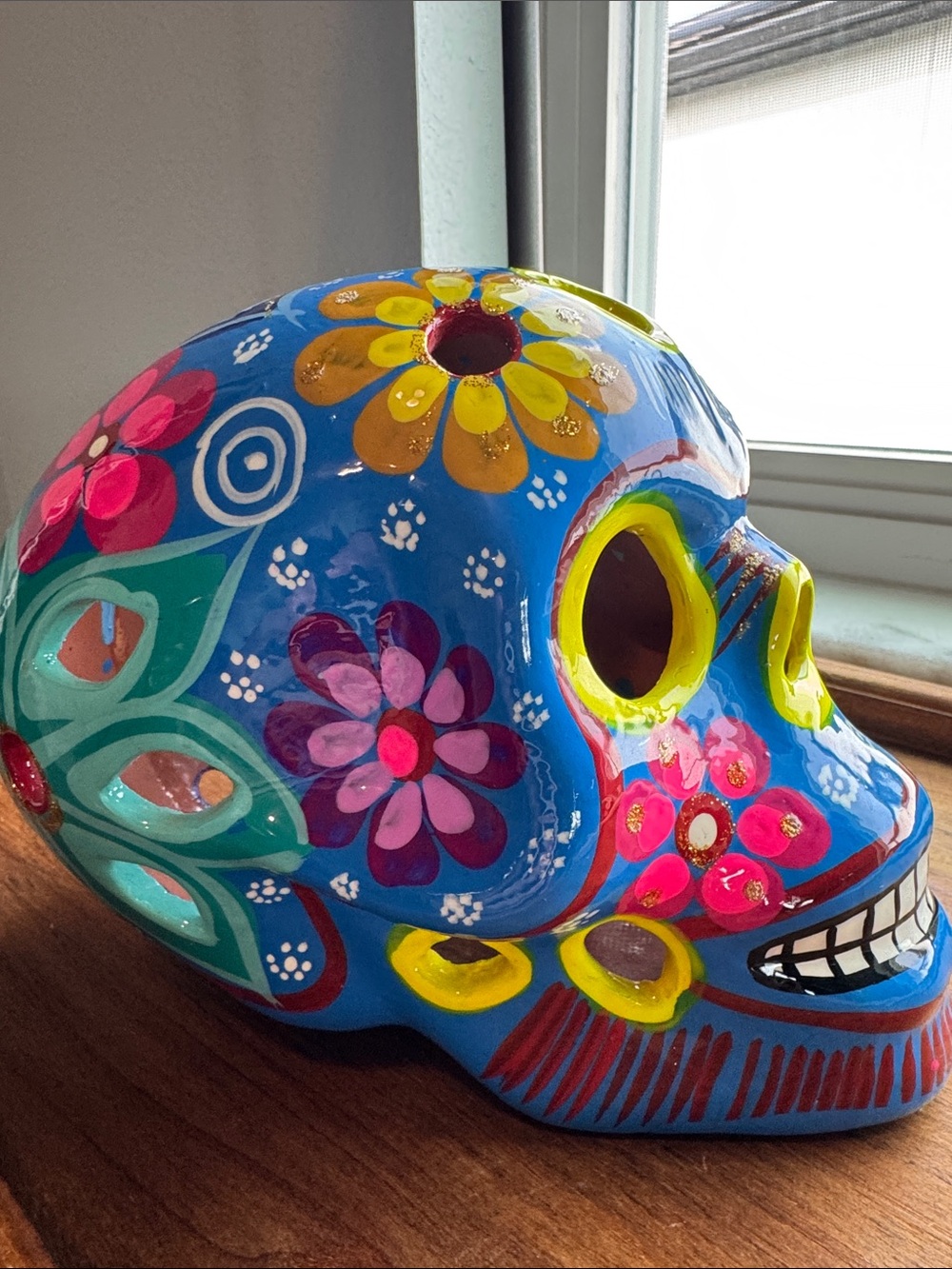Colorful Blue Ceramic Sugar Skull Vase - Hand-Painted Home Accent
